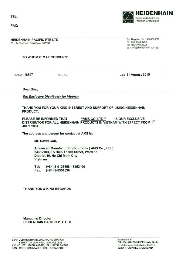 Appointment Letter from Heidenhain to AMS Company Limited